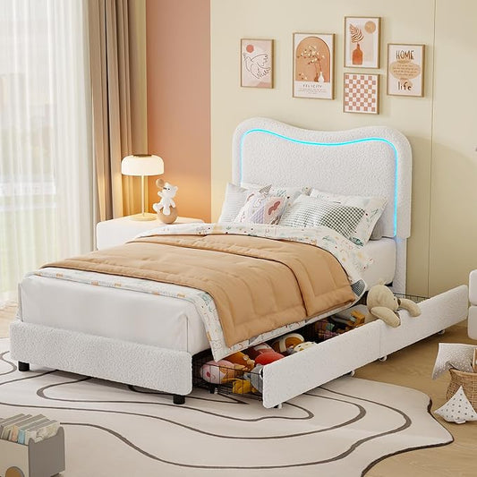 GarveeHome Upholstered LED Twin Bed Frames for Kids with 2 Drawers and Headboard, Cute Twin Bed with Storage for Girls, Boys, Sturdy Platform Bed, No Box Spring Needed, Wooden Slats, Noise, White