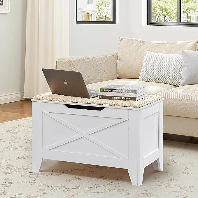 VECELO 30" Storage Chest with Lift Top Storage, Farmhouse Style Ottoman with Handwoven Wicker Cushion, Safety Hinges, Ideal for Entryway, Bedroom, Living Room, Ivory White