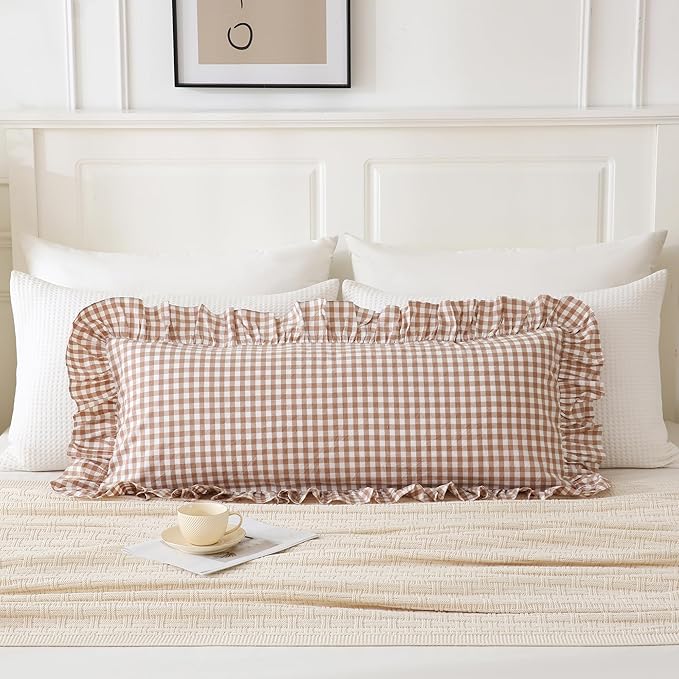 14x36 inches Taupe Plaid Ruffle Gingham Lumbar Throw Pillow Cover, Pure Cotton Decor Pillowcase French Country Vintage Fall Pillow Case for Bedding Couch