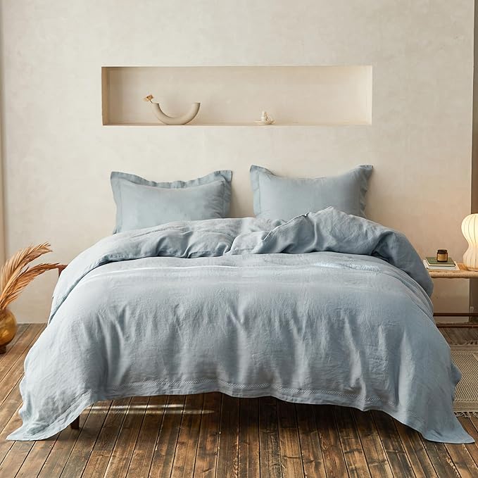 Simple&Opulence 100% Linen Duvet Cover Set with Crossed Embroidery Washed - 3 Pieces (1 Duvet Cover with 2 Pillow Shams) Soft Breathable Farmhouse - Dusty Blue, King Size