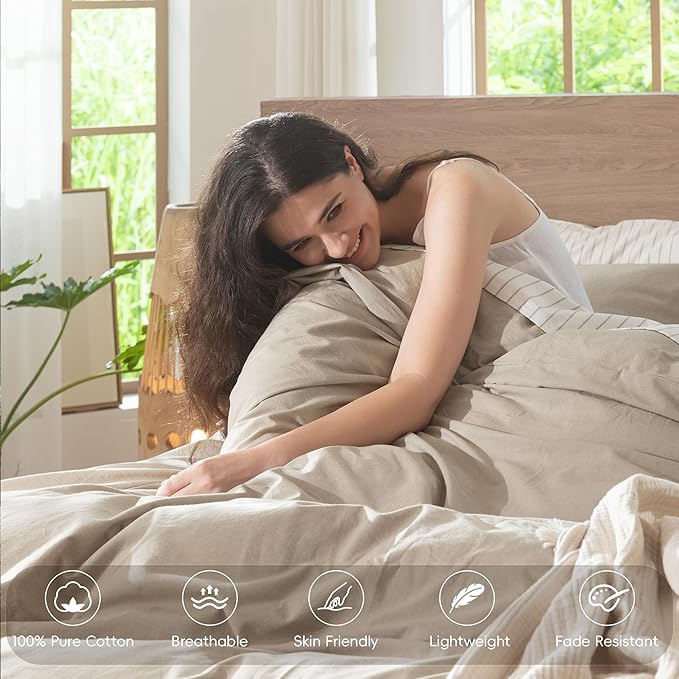 MooMee Bedding Duvet Cover Set 100% Washed Cotton Linen Like Textured Breathable Durable Soft Comfy (Heathered Tannish Linen Grey, Cal King 104"x98")
