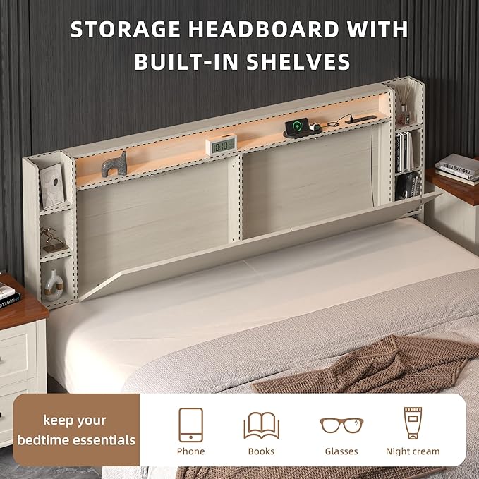 Queen Headboard Only with Shelves Storage, Headboards with Charging Station 2 USB Ports and LED Light,Sturdy and Stable Modern Sturdy and Stable Wood Bed Board (White, Queen) | Solid wood leg, chargestation, Storage