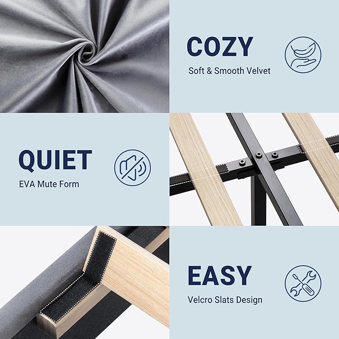 Allewie Queen Platform Bed Frame with Adjustable Headboard, Plush Velvet Upholstered, Vertical Channel Tufted, Sturdy Wooden Slats, No Box Spring Needed, Easy Assembly, Grey