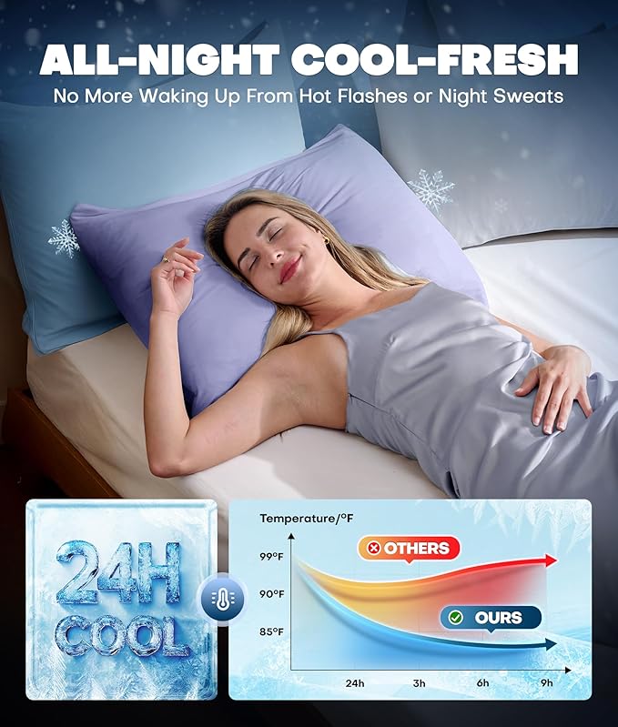 Ultra-Chill Cooling Pillowcase Set of 2 for Hot Sleepers, Softer Than Silk Pillow Cases for Protecting Hair & Skin, Breathable Bed Pillow Covers w/Zipper, Gifts for Women Men(Purple, Queen)
