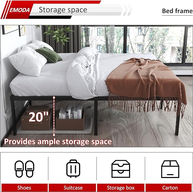 EMODA 20 Inch Queen Bed Frame No Box Spring Needed Heavy Duty Metal Tall Platform Bed Frame Queen Size with Large Storage Space, Easy Assembly, Black