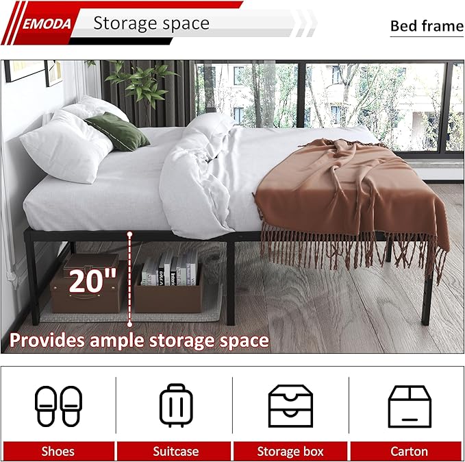 EMODA 20 Inch King Bed Frame No Box Spring Needed, Heavy Duty Tall Metal Platform with Large Storage Space, Noise Free, Easy Assembly, Black