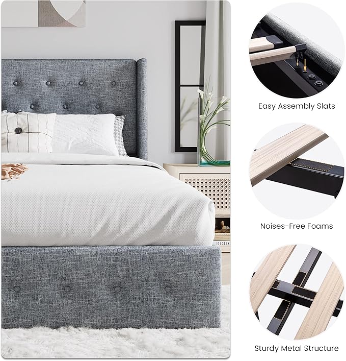 SHA CERLIN Queen Size Lift Up Storage Bed Frame,Button Tufted Wingback Headboard,Upholstered Platform,Hydraulic Storage,Wooden Slat Support,No Box Spring,Grey Blue