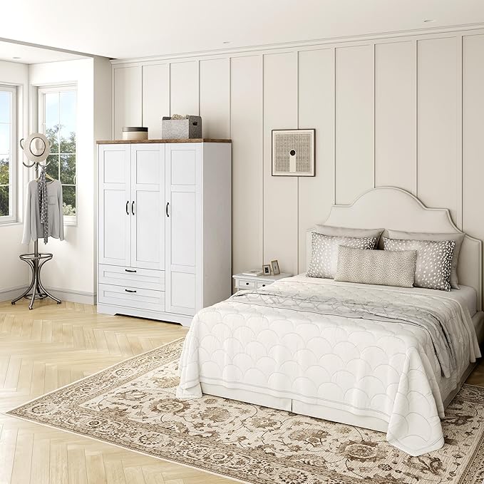 Yechen 3-Door Wooden Armoire Wardrobe Closet with Drawers and Shelves, Bedroom Armoires Closet with Mirror for Hanging Clothes, Coat, Farmhouse Wardrobe Cabinet for Large Storage Needed
