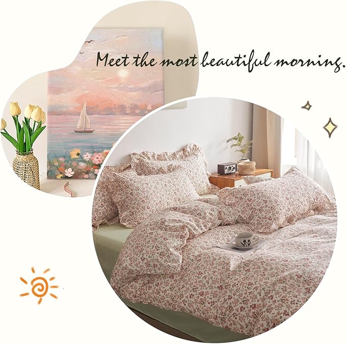 VM VOUGEMARKET Cotton Duvet Cover Twin Pink Flower Duvet Cover with Ruffle Pillowcases Teen Girls Aesthetic Bedding Set Garden Style Blooming Comforter Cover with Zipper Ties (3 pcs,68x86 Inch)
