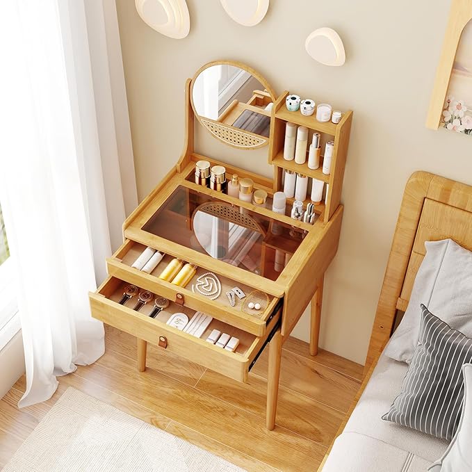 CHARMAID Small Vanity Desk with Mirror, Glass Top Bamboo Makeup Vanity Table with Storage Drawers & Shelves, Tabletop Groove, Rotatable Mirror, Compact Dressing Table for Bedroom Small Spaces, 23.5"W
