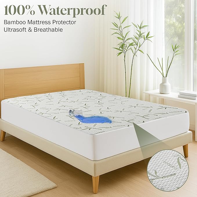Hannah Linen Viscose derived from Bamboo Cooling Mattress Protector, 100% Waterproof - Soft and Breathable, 280 GSM Fitted Style Mattress Cover, 16 Inches Deep Pocket - Queen, 80x60 - (12 Pack)