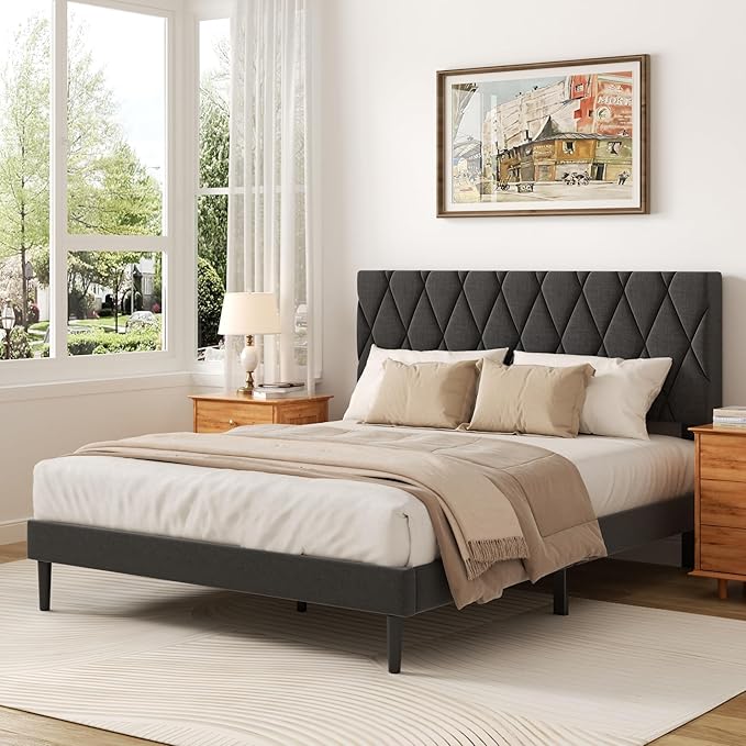 CXVX Queen Size Bed Frame with Diamond Tufted Headboard, Linen Upholstered Platform Bed and Wooden Slat Support, Noise-Free, No Box Spring Needed, Easy Assembly, Dark Grey
