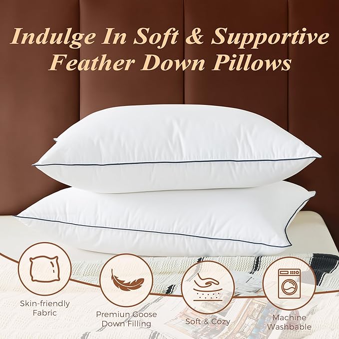 Cosybay Goose Feather Down Fiber Pillows King Size Set of 2, Luxury Bed Pillow for Sleeping, Ultra Soft Cover Hotel Collection Bed Pillows for Back,Stomach or Side Sleepers 20x36