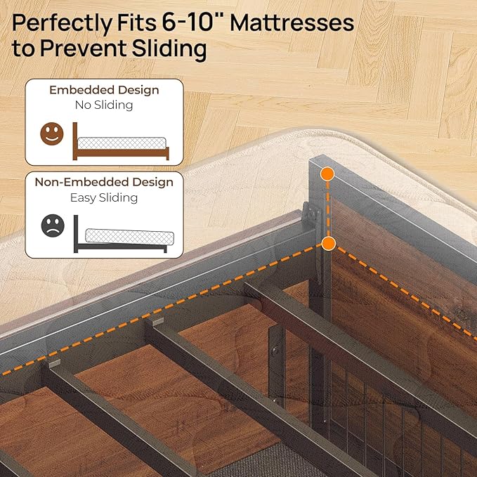 Rolanstar Full Size Bed Frame with 4 Storage Drawers, Charging Station and LED Lights, Metal Platform Bed with 2-Tier Storage Headboard, No Box Spring Needed, Easy Assembly, Noise-Free, Walnut