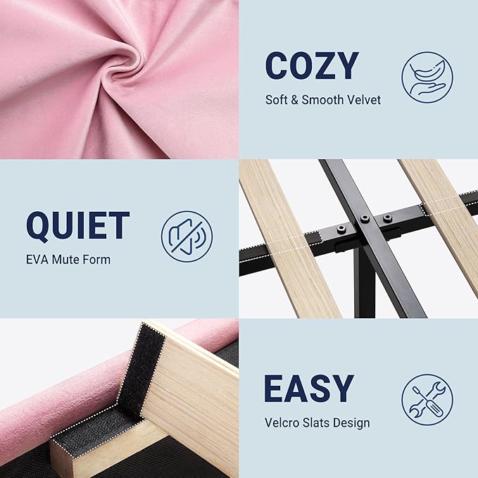 Allewie Queen Platform Bed Frame with Adjustable Headboard, Plush Velvet Upholstered, Vertical Channel Tufted, Sturdy Wooden Slats, No Box Spring Needed, Easy Assembly, Pink