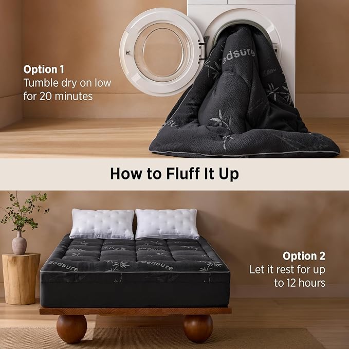 Bedsure Twin XL Mattress Topper - Viscose Made from Bamboo Ultra Soft Thick Fluffy Pillow Top Mattress Pad with 21 Inch Deep Pocket, Breathable, Moisture Wicking, Black, 39x80 Inch
