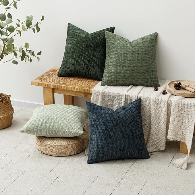MIULEE Pack of 4 Couch Throw Pillow Covers 22x22 Inch Green Forest Soft Decorative Chenille Pillow Covers Farmhouse Accent Cushion Covers for Boho Home Decor Spring Sofa Bedroom Living Room