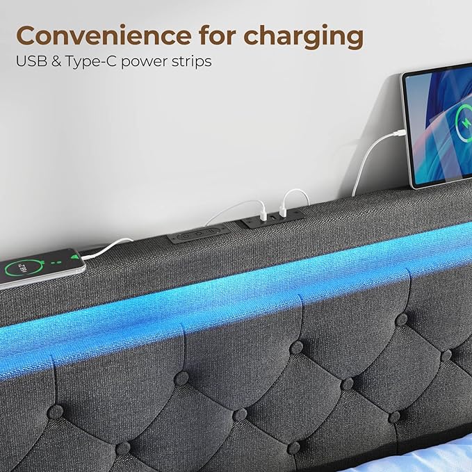 Rolanstar Twin Bed Frame with LED Lights and Charging Station, Upholstered Bed with Drawers, Wooden Slats, Noise Free, Easy Assembly, Dark Gray