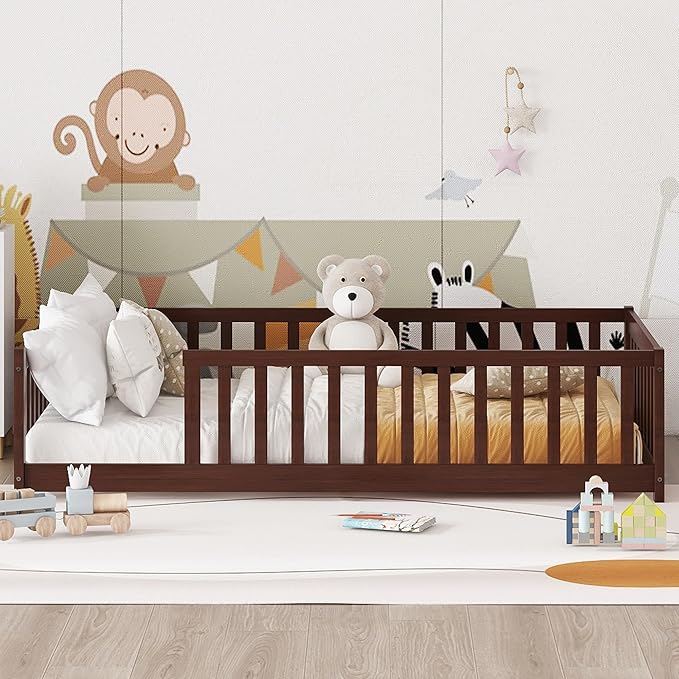 Bellemave Twin Floor Bed with Slats and Safety Guardrails, Twin Size Montessori Floor Bed with Fence and Without Door, Easy Assemble Montessori Beds Frame for Girls, Boys, Pink Espresso
