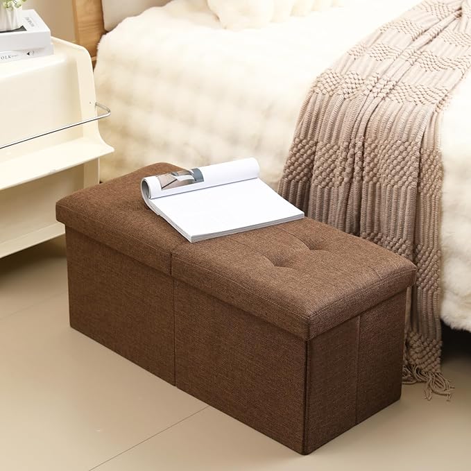 Storage Ottoman Bench Foldable Seat Footrest Shoe Bench End of Bed Storage with Flipping Lid, 75L Storage Space, 30 inches Linen Fabric Brown
