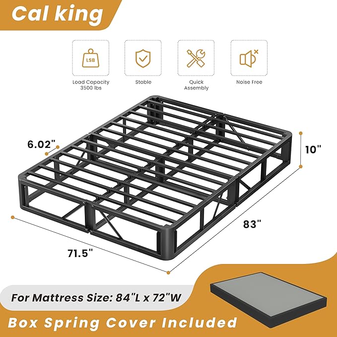 MAF Cal King Size King Box Spring, 10 Inch High Profile Box Spring Cal King 3500 lbs Black Heavy Duty Metal Mattress Foundation with Easy Clean Fabric Cover, Easy Assembly