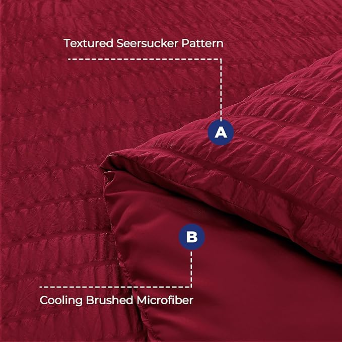HYMOKEGE Burgundy Duvet Cover King Size, Ultra Soft 3-Piece Seersucker Duvet Cover Set with Zipper Closure, Soft Brushed Microfiber Bedding Set with 8 Corner Ties (104"x90", 2 Pillowshams)
