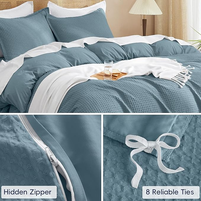 PHF Waffle Duvet Cover Set Queen Size, No Snagging Ultra Soft Luxury Textured Breathable Comforter Cover for All Season 3pcs, Durable Bedding Duvet Set with 2 Pillow Shams, 90"x90", Stormy Blue