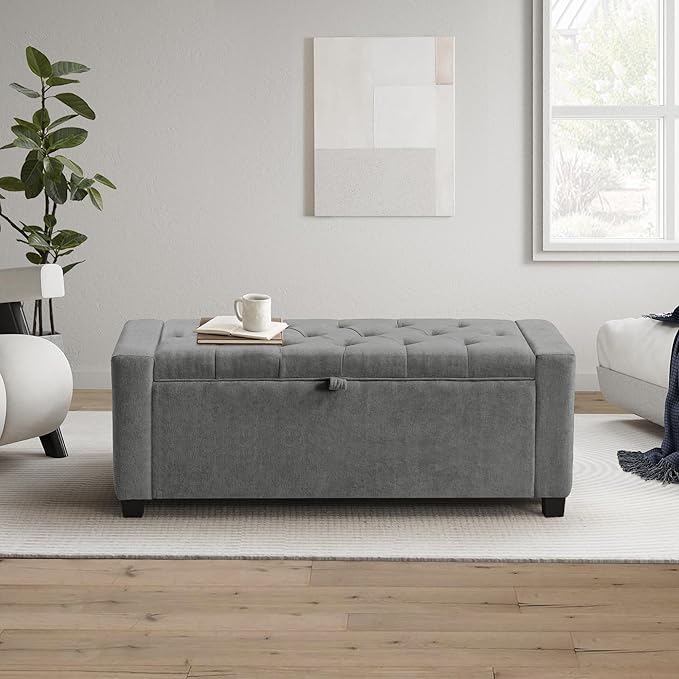 GRAINELL Storage Ottoman Bench, Upholstered Tufted Bedroom Bench with Storage, End of Bed Storage Bench for Living Room & Entryway, 350 lb Capacity, Linen Light Gray