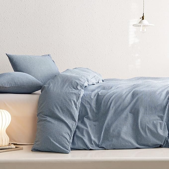 Wake In Cloud - Striped Cotton Duvet Cover Set, 100% Washed Cotton Textured Percale Bedding Set, Ticking Stripe Pinstripe Farmhouse, 3 Pieces, Denim Blue, California King Size