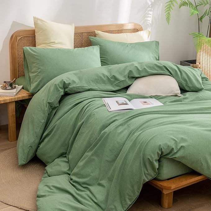 BESTOUCH Duvet Cover Set 100% Washed Cotton Linen Feel Super Soft Comfortable Chic Lightweight 3 PCs Home Bedding Set Light Grass Green Queen