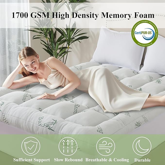 ELNIDO QUEEN® 3 Inch Memory Foam Mattress Topper Queen Size - Cooling Breathable Bamboo Viscose Pillow Top for Hot Sleepers, 1700 GSM Fill, Ultra Soft Mattress Pad for Back Pain Relief, 3"x60"x80"