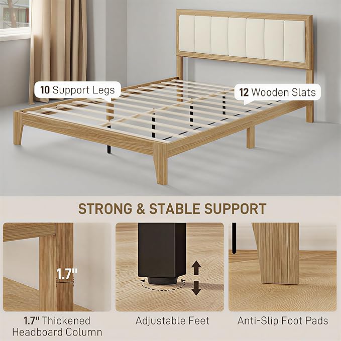 HOMCOM Queen Size Bed Frame with Upholstered Headboard, Platform Bed Frame with Wooden Slats, No Box Spring Needed, Easy Assembly, Natural