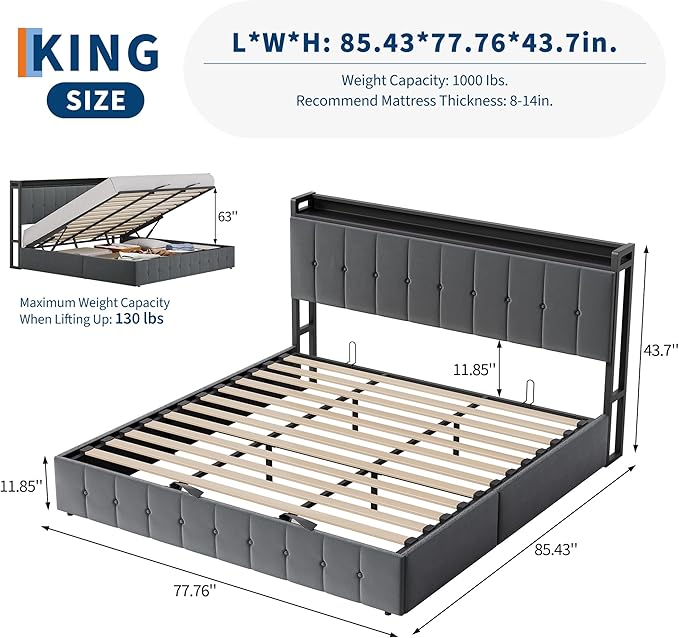 Garvee King Size Lift Up Storage Bed, Upholstered Velvet Bed Frame with Storage Headboard, Metal Platform Bed, No Box Spring Needed, Solid Wooden Slats, Noise Free, Grey