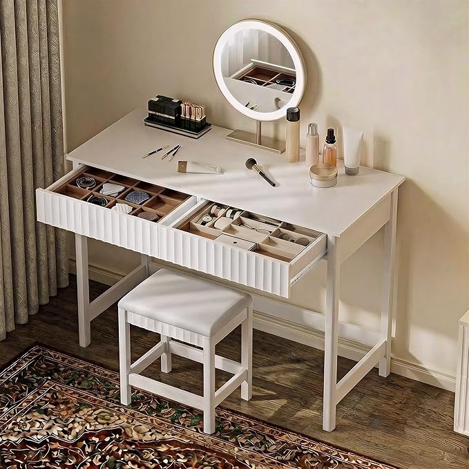 ChooChoo 47.2 Inch Modern Desk with Drawers, Makeup Vanity Desk with Padded Stool, Writing Computer Desk for Home Office & Bedroom, White