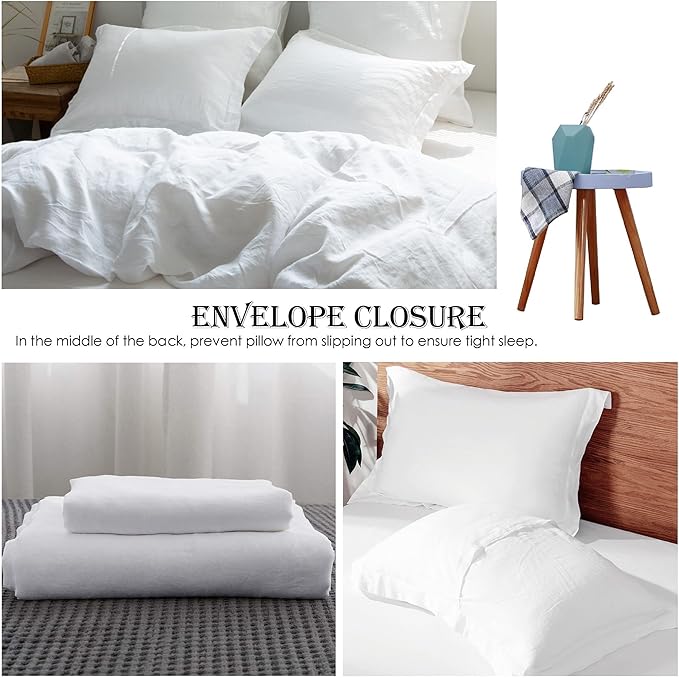 Simple&Opulence 100% Linen Duvet Cover Set 3pcs Basic Style Natural French Washed Flax Solid Color Soft Breathable Farmhouse Bedding with Button Closure - White, Full