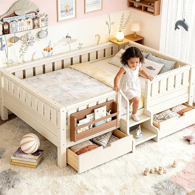 Bellemave Full Size Bed Frame with Storage Drawers & Bookshelf, Low Profile Kids Bed with Staircase & Full Length Guardrails, Solid Wood Full Size Bed Frame Kids with Slats Load 450 LBS, Beige