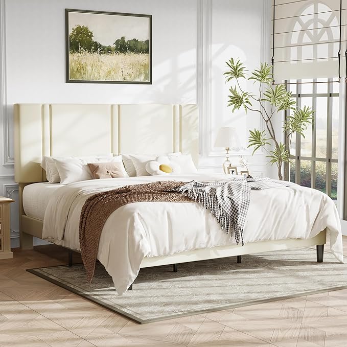 Allewie King Size Platform Bed Frame with Adjustable Headboard, Plush Velvet Upholstered, Vertical Channel Tufted, Sturdy Wooden Slats, No Box Spring Needed, Easy Assembly, Cream