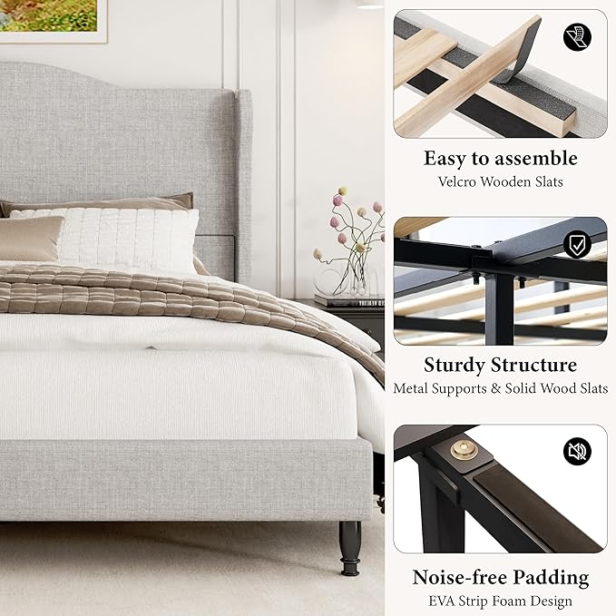 Queen Bed Frame with Headboard, Upholstered Platform Bed with Tall Wingback Headboard, Sturdy Wood Slats Support, Easy Assembly No Box Spring Needed, Modern Style Bed for Bedroom, Beige