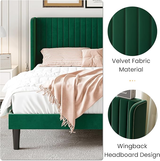 SHA CERLIN Queen Size Velvet Bed Frame with Vertical Channel Tufted Wingback Headboard, Upholstered Platform Bed with Wood Slats, No Box Spring Needed, Easy Assembly, Green