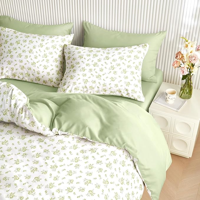 Wake In Cloud - Coquette Duvet Cover Set, Floral Cottagecore Flower Shabby Chic Cute Aesthetic, Soft Lightweight Bedding for Women Teen Girls, 3-Piece, White Green, Full Size