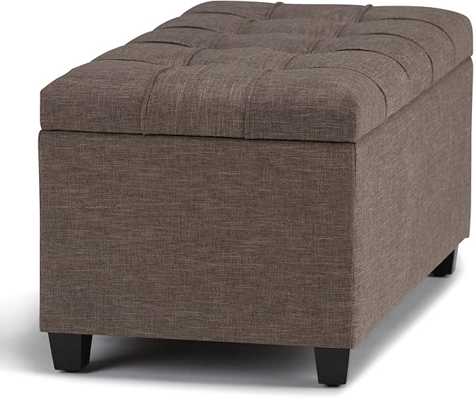 SIMPLIHOME Sienna Storage Ottoman Bench - 33 inch Wide Upholstered Linen Look Fabric Rectangle Storage Ottoman Bench in Tanners Brown, Transitional Tufted Ottoman for Living Room with Lift Top
