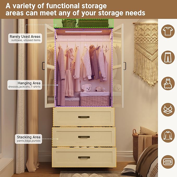 75" Tall Farmhouse 2 Doors Armoire Wardrobe Closet with 3 Drawers and LED,Freestanding Closet Wardrobe Cabinet for Bedroom with Hanging Rod,Wooden Armoire Storage Cabinet Adjustable(Rustic Off White)