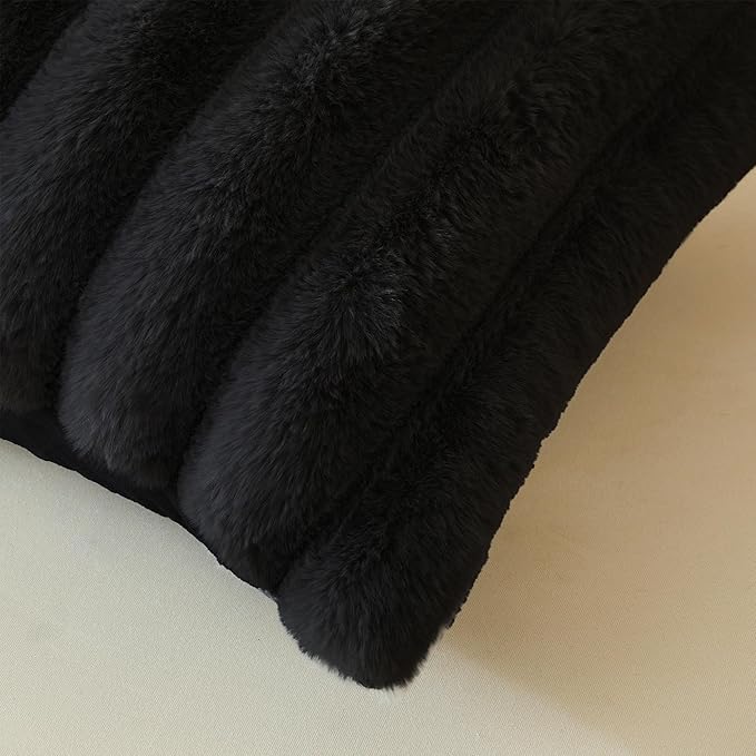 MEGO Fluffy Faux Rabbit Fur Body Pillow Cover, Soft Plush Fuzzy Wide Striped 20x54 Body Pillowcase with Zipper, Home Decorative Shaggy Furry Ribbed Long Pillow Cover for Bed Couch Sofa Bedroom, Black