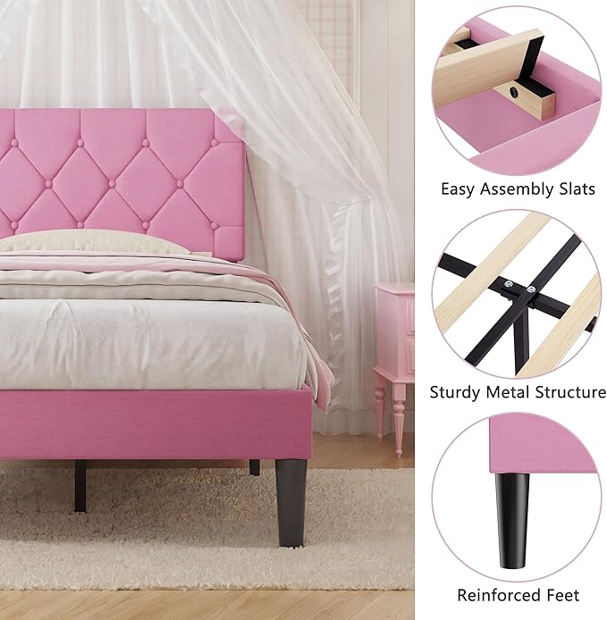 VECELO Twin Size Bed Frame with Button Tufted Headboard, Upholstered Platform Bedframe with Wood Slat Support, No Box Spring Needed, Linen Pink