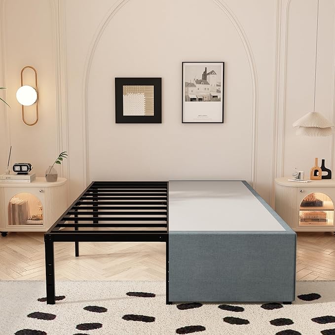 Maenizi Queen Bed Frame with Fabric Cover 18 Inch, Heavy Duty Metal Bed Frame Queen Size, No Box Spring Needed, Support Up to 3000 lbs, Easy Assembly, Noise Free, Black