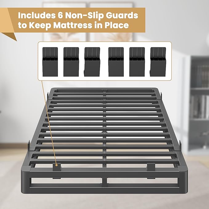 6 Inch Queen Bed Frame with Rounded Corner and Squeak Free U-Slot Design, Metal Platform Bed Frames 6 Non-Slip Guards, 3500lbs Heavy Duty Steel Slat Support, No Box Spring Needed, Black