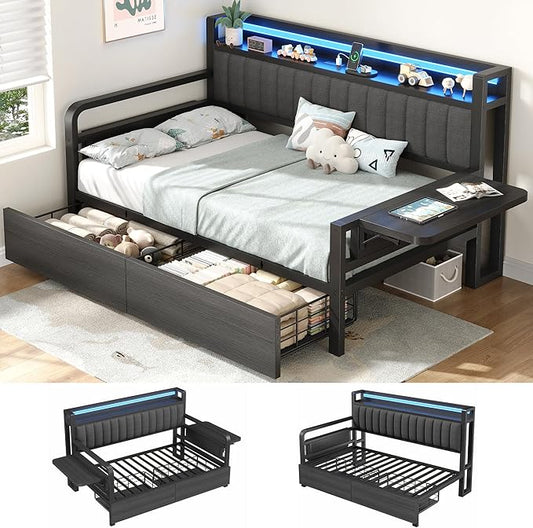 Jocoevol Twin Corner Bed Frame with Storage Drawers and LED Light, Heavy Duty Metal Daybed with Upholstered Storage Headboard & Charging Station, Twin Size Day Bed for Kids Teens Guests, Black