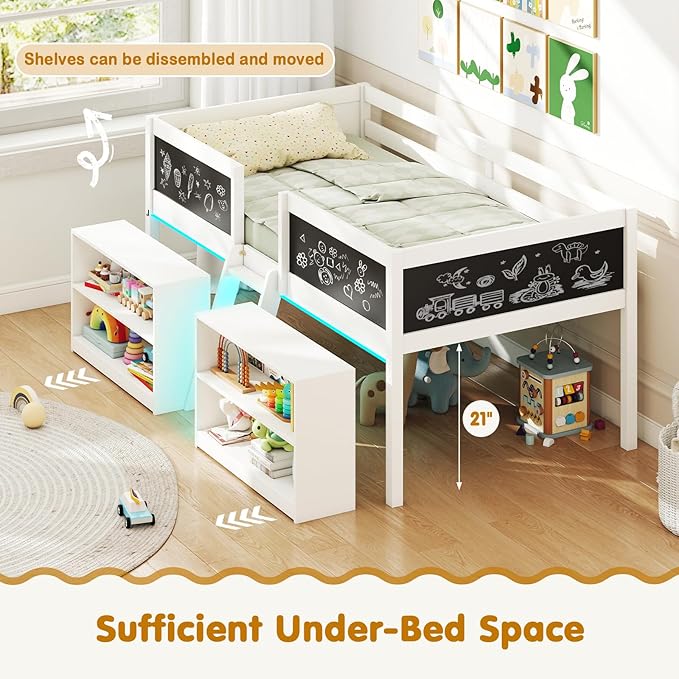 Giantex Low Loft Bed with LED Lights, Wooden Twin Size Loft Bed with Ladder & Blackboard, Twin Bed Frames for Kids with Storage 2 Bookcases and Play Space, White