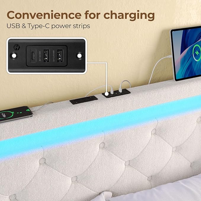 Rolanstar Full Bed Frame with LED Lights and Charging Station, Upholstered Bed with Drawers, Wooden Slats, Noise Free, Easy Assembly, Beige