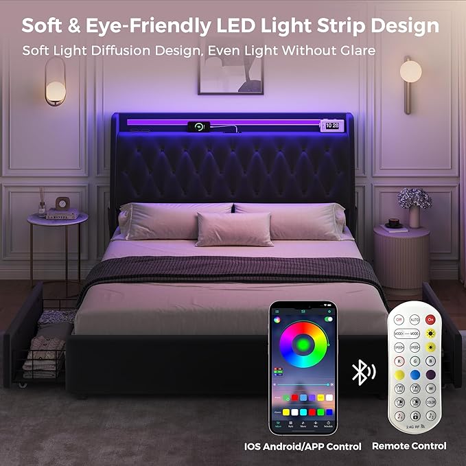 Queen LED Velvet Bed Frame with 2 Storage Drawers&Hidden Headboard, Upholstered Platform Bed with Charging Station&Button Tufted Design, Wooden Slats Support, Box Spring Optional, Easy Assembly, Black